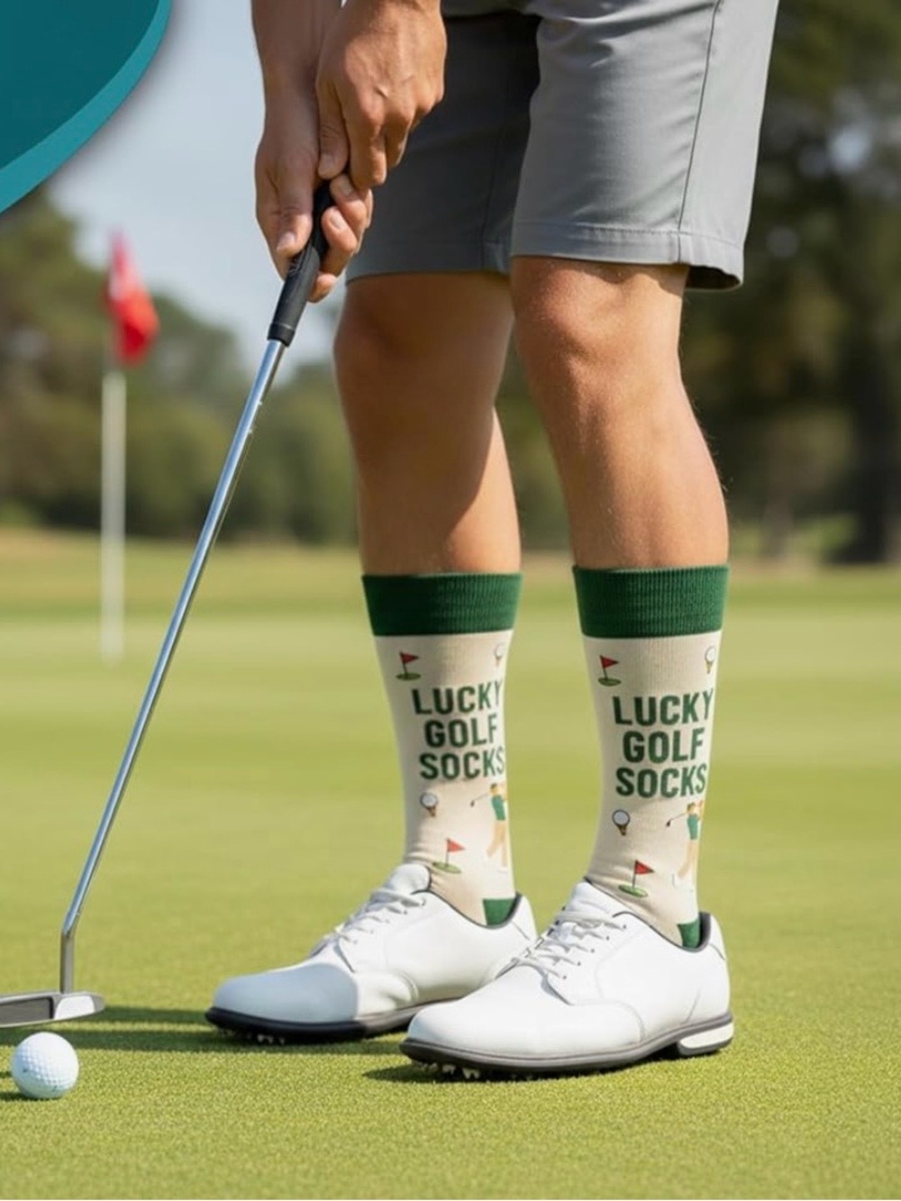 Lucky Brand Golf Print Crew Socks in Green and Cream